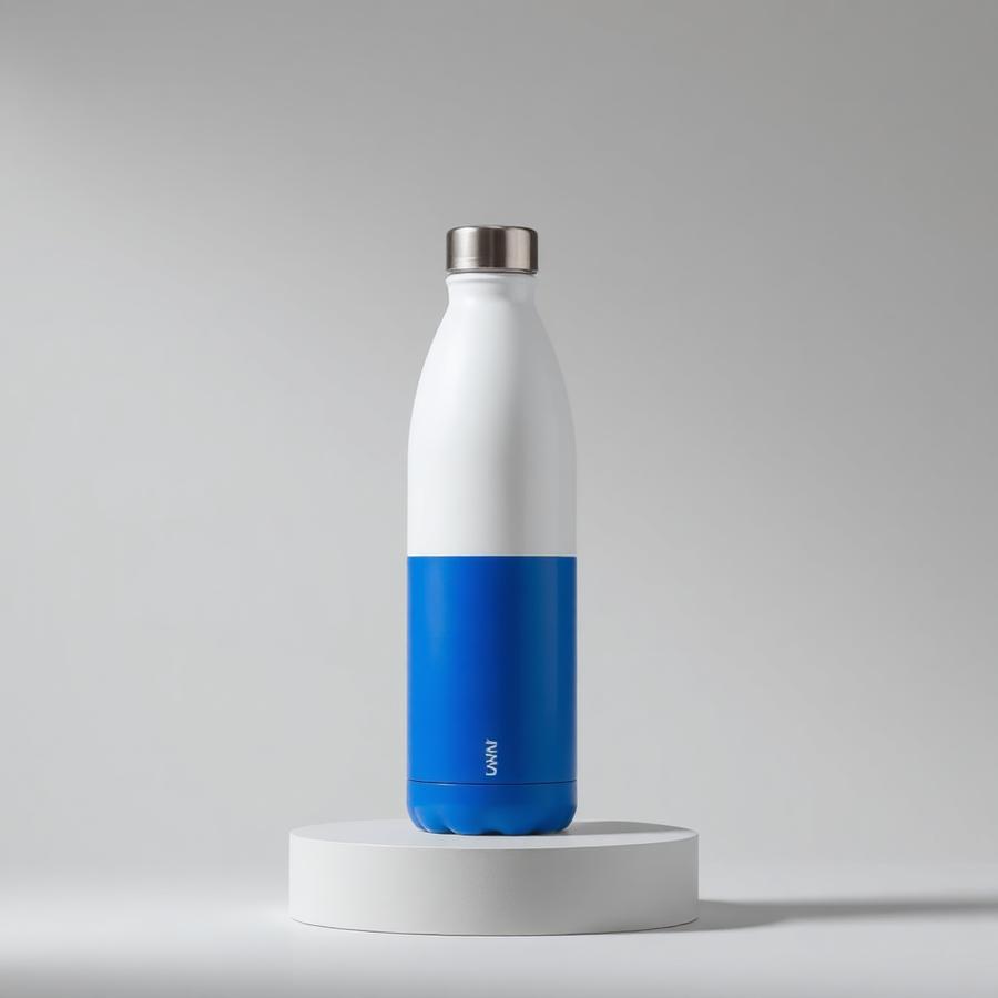 OOS water bottle on a studio pedestal