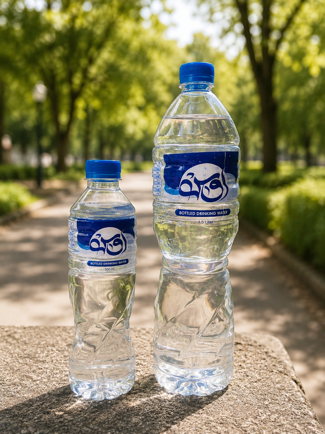 OOS Water 500 ml and 1.5 L bottles in a sunlit park