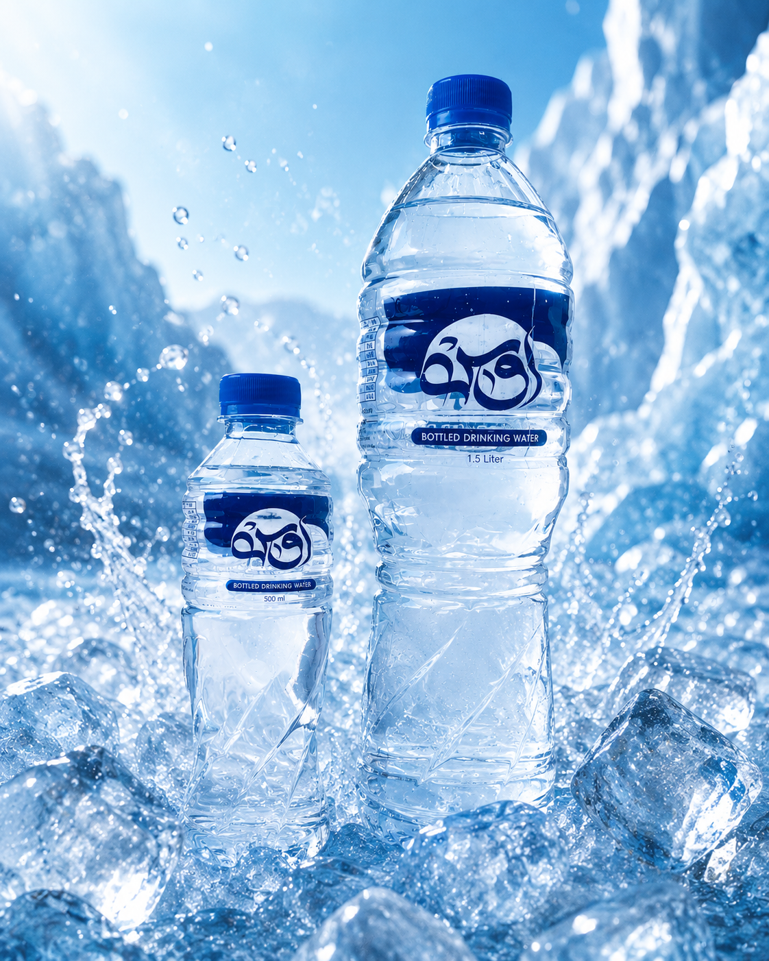 OOS Water 500 ml and 1.5 L bottles in an icy water splash