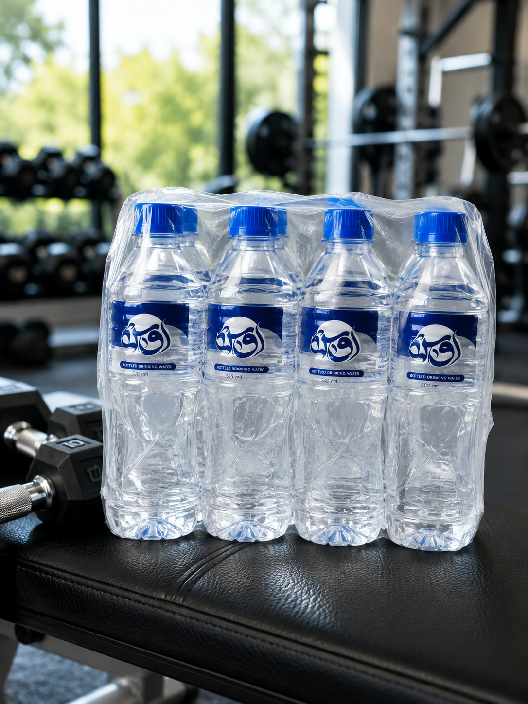 OOS Water pack on a gym bench